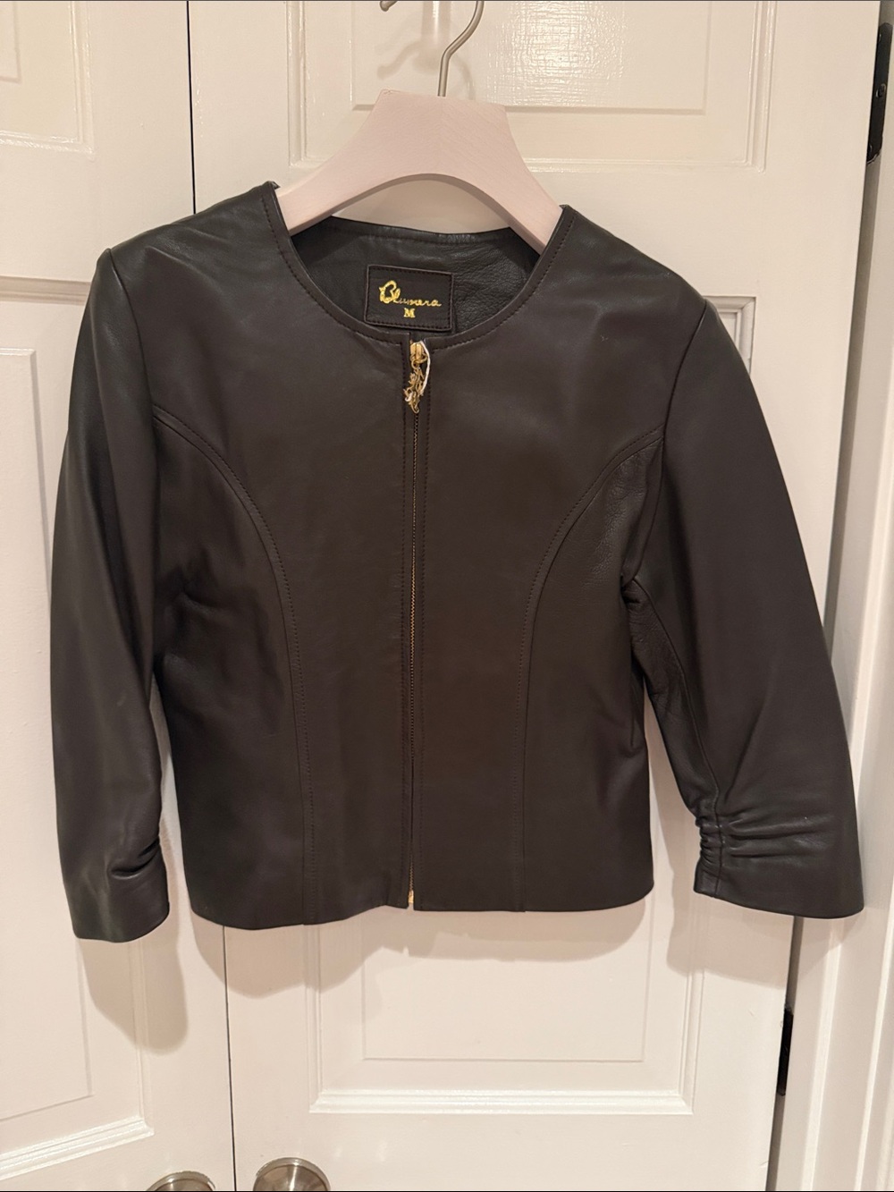 Blumera Lambskin Brown Leather Jacket w Silk Lining + Custom Zip Flower Pull